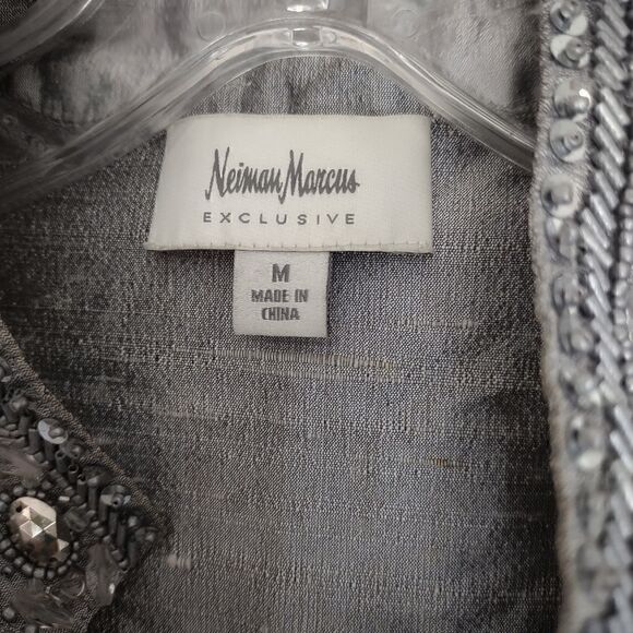 Vintage Neiman Marcus Silver Top Pullover V Neck Silk LS Beaded M - Picture 3 of 10